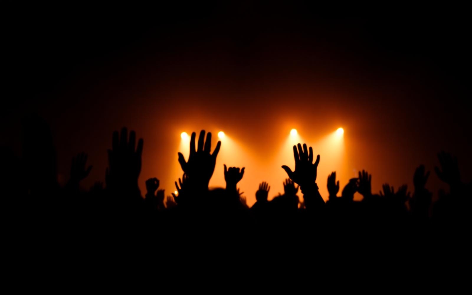Concert crowd silhouetted against warm stage lights