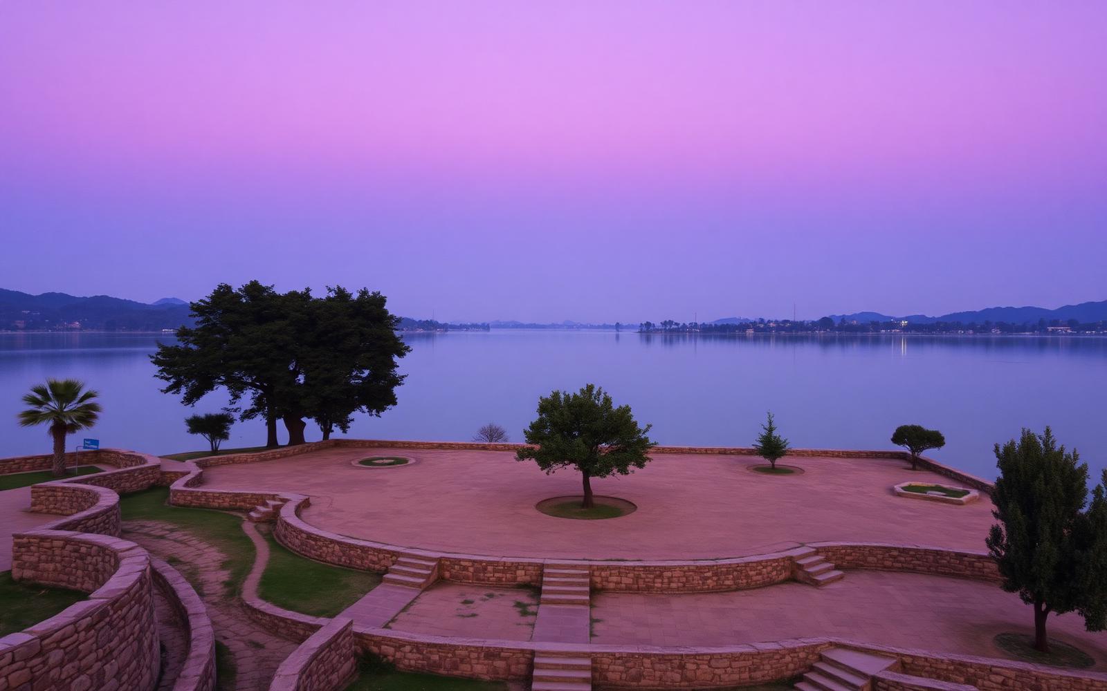 Lakeside grounds at Rawal Lake at dusk
