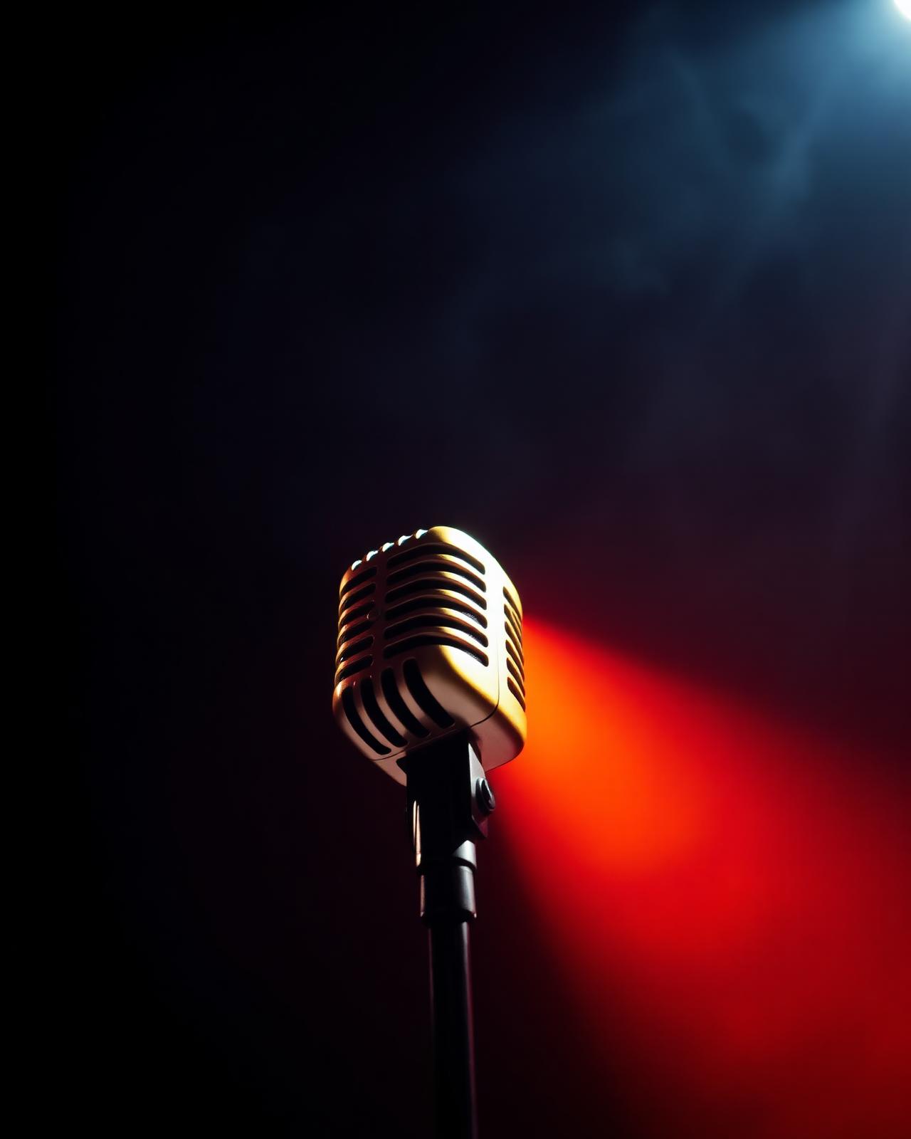 Vintage microphone under a single hot spotlight