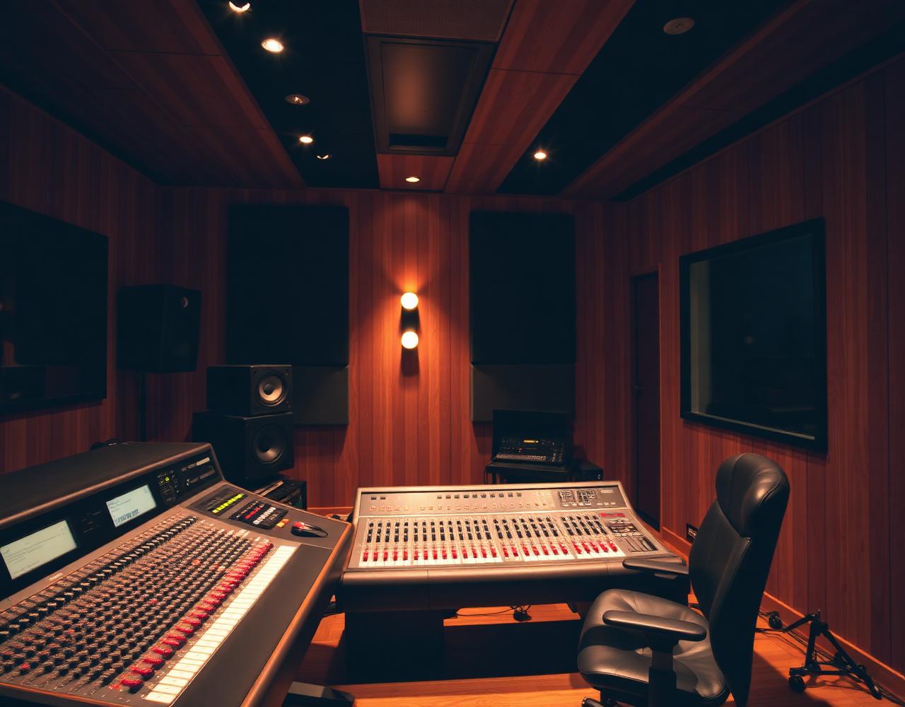 Recording studio interior with analog console